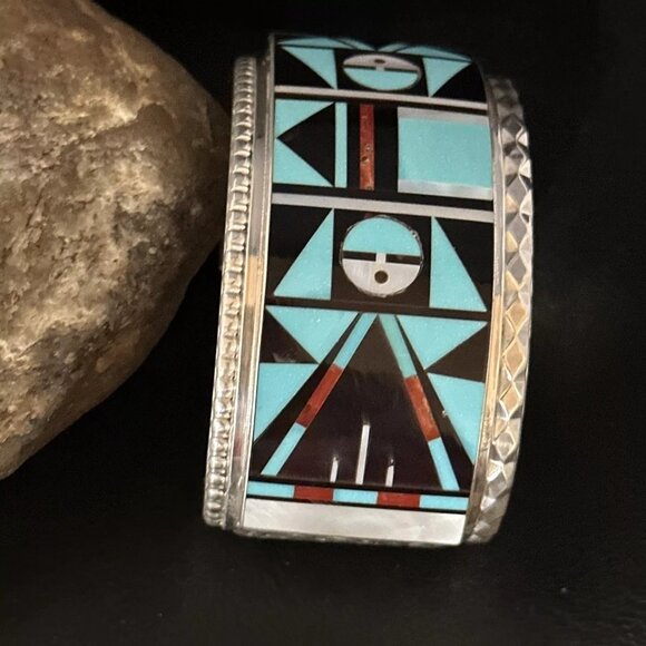 Zuni Turquoise Inlay Sterling Silver Cuff Bracelet Native Indian Handmade - Picture 8 of 10